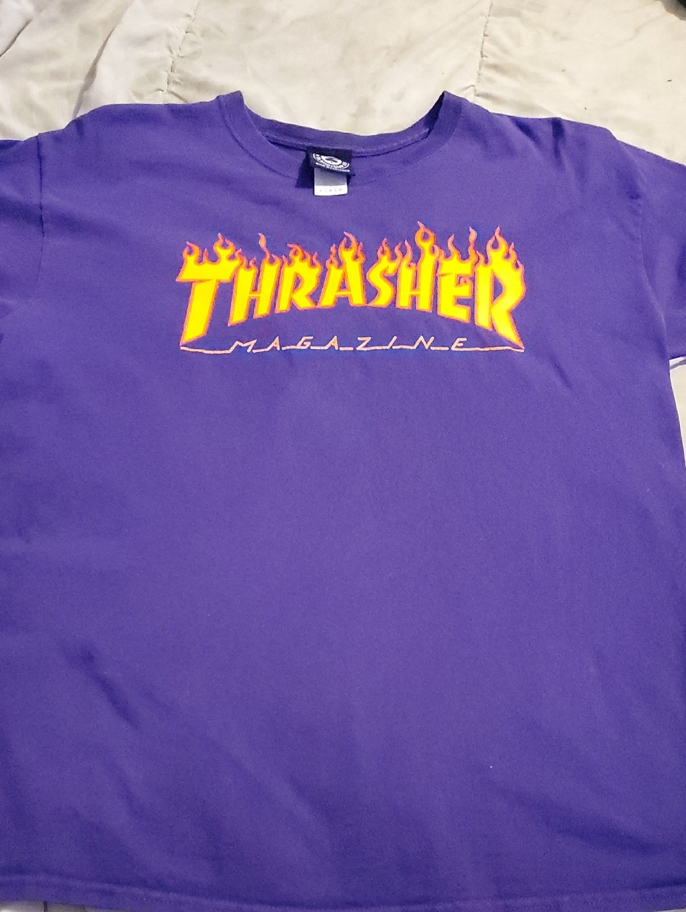 Thrasher Purple Tee with Yellow-Orange Flame Logo...🔥